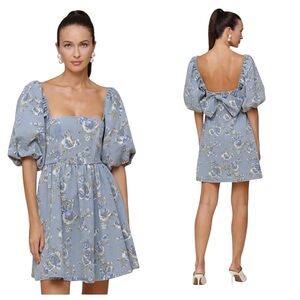 AVEC LES FILLES NWT Blue Floral Babydoll Mini Dress Denim Look Puff Sleeve Bow M
